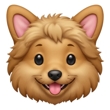 Dog face only, light brown fluffy dog, darker ears, small black nose, happy smiling with tongue out, simple emoji icon. sticker