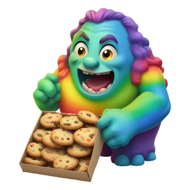 Giant rainbow ogre with sharp teeth eating a box of cookies with crumbs going everywhere sticker