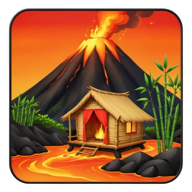bamboo hut front of the volcano lava flowing sticker