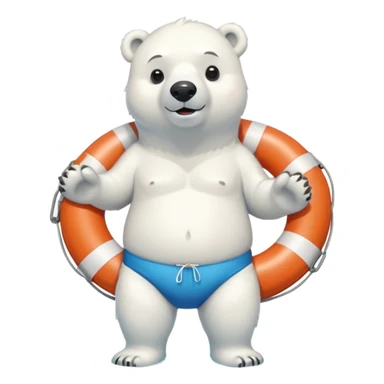 full body friendly anthropomorphised polar bear wearing swim shorts, life buoy around waist, swim goggles, standing with water pooled around feet sticker