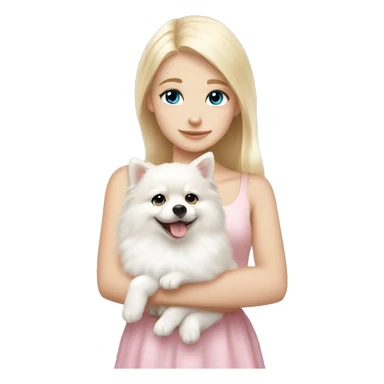 Blond girl white skin blue eyes hugging white Pomeranian with light pink bow sticker