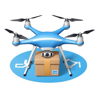 Delivery drone sticker, quadcopter carrying small package box, friendly design, simple flat vector style, soft shadow, white outline, transparent background sticker