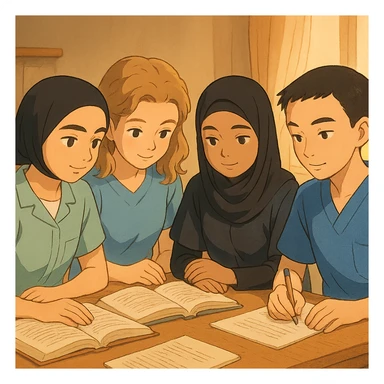 Illustration Ghibli of four nursing students working together, wearing short-sleeved outfits without stethoscopes, inspired by the four provided faces, studious and gentle atmosphere, version 3 sticker