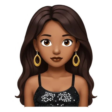 Chilli from TLC with long dark brown hair, black sequin crop top, black earring sticker
