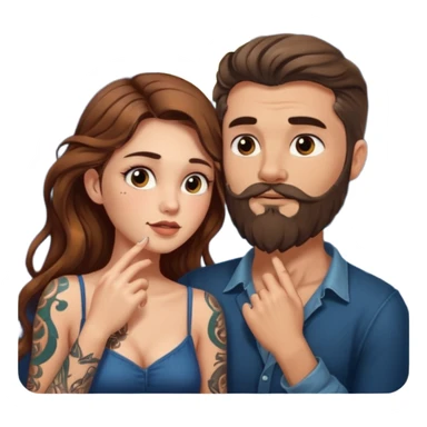 woman with long wavy brown hair tattoos and bearded man, she holds his chin, close flirty stare, moonlight glow sticker