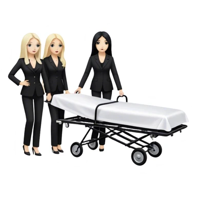 Two woman with long hair. One has black hair and one is blond. They have black pants suits on. And they are pushing a funeral stretcher in to a black Mercedes Vito funeral car. On the stretcher is a body covered in white sheets sticker