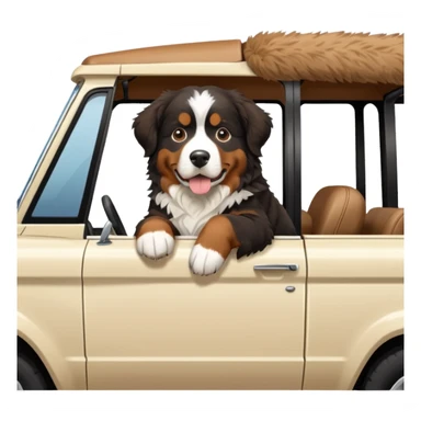 Bernese mountain dog in a cream colored ford bronco with no roof sticker