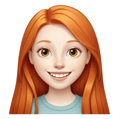 traditional emoji of young girl with very pale skin, long straight bright ginger red hair, elongated almond-shaped eyes, long nose, big smile with large prominent teeth showing, classic round face sticker
