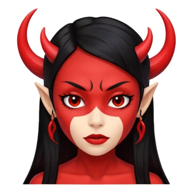 Head only demon girl; face with pronounced cheekbones and angular jaw; skin is uniform pure red (#FF0000) everywhere; long straight smooth black hair; small horns sticker