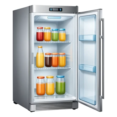 A refrigerator with a transparent front glass divided into three compartments, empty and unoccupied. The refrigerator faces forward. sticker