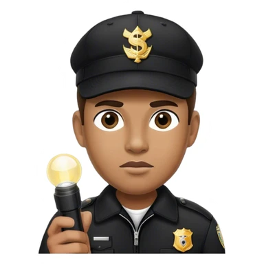 A vigilant male security guard wearing a black uniform, a baseball cap with ‘SECURITY’ embroidered on it, and a black jacket. He holds a flashlight  shining its beam forward sticker