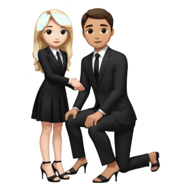  Sabrina carpenter kneeling down wearing a black dress with a tie with black heel sandals, putting her hand on man’s leg who is standing  sticker