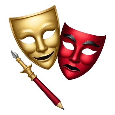 Create a bold and dramatic emoji representing the art of playwriting. The design should feature an open script or a theater playbook, with stylized text inside. Include elements like a theatrical comedy and tragedy masks, a stage spotlight, or a writting quill to symbolize creativity and performance. Use deep, contrasting colors like red, black, and gold to evoke the intensity and passion of drama. The overall design should feel dramatic, inspiring, and artistic. Make the background transparent.
 sticker