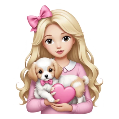 Pretty blonde bombshell girl with long hair and highlights. She has long eyelashes and a pink bow in her hair. She is holding a cavalier puppy and a Great Pyrenees puppy in her arms and there is a huge heart behind her sticker