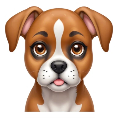 Cinematic Cute Fawn Boxer dog Portrait Emoji, Head tilted playfully and inquisitively, with a glossy fawn Fur highlighted by a white muzzle and chest, round, sparkling brown eyes filled with curiosity, Simplified yet irresistibly adorable features, highly detailed, glowing with a warm, friendly glow, high shine, affectionate and lively, stylized with a touch of whimsy, bright and endearing, soft glowing outline, capturing the essence of a mischievous yet loving pup, so playful it feels like it could bound out of the screen and into your arms! sticker