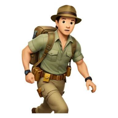 A vintage movie poster-style collage. Include action-packed elements like a treasure map, jungle scenes, a rugged explorer with a compass and a speeding jeep. Add a shadowy figure resembling close-up Mark Wahlberg in adventurous gear. Jungle background. Transparent background. sticker