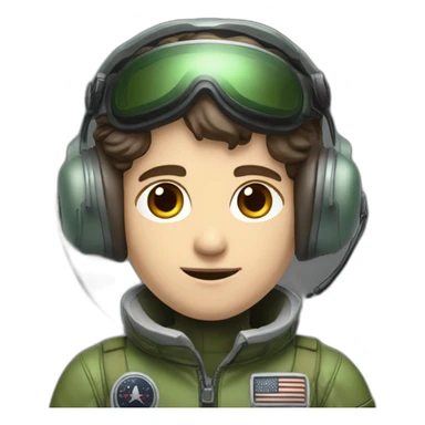 A young white male tennager with a thin face with dark brown hair and brown eyes in a pilot suit and wearing a green Pilot headset sticker
