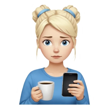 Cartoon emoji of a Scandinavian-looking woman with light blonde hair, pale skin, blue eyes. Portrait mode. Messy bun, tired eyes, tense face. Holding phone and coffee, rushed posture. Clearly busy, overwhelmed, slightly miserable. Smooth, simple, stylized sticker