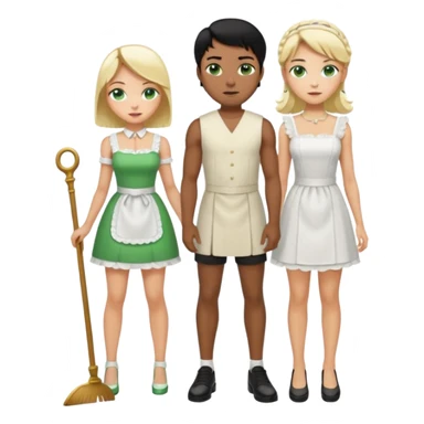 King, black hair, body, legst, blue eyes, shoes, maid blonde hair, green eyes, sexy short sleveless White dress, shoes sticker