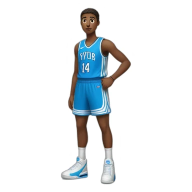 Un adolescent brun qui joue au basketball avec des nike et un maillot bleu avec le numéro 14 écrit dessus dans le style de IOS sticker