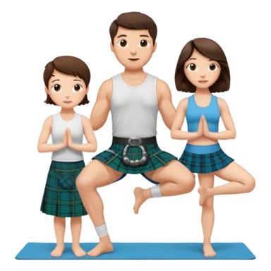 emoji of brunette man wearing kilt, brunette woman in yoga outfit and white cockapoo sticker