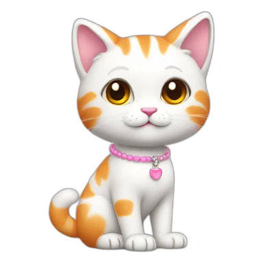full body white orange cat cute with a small black eyes and a paw pink necklace sticker