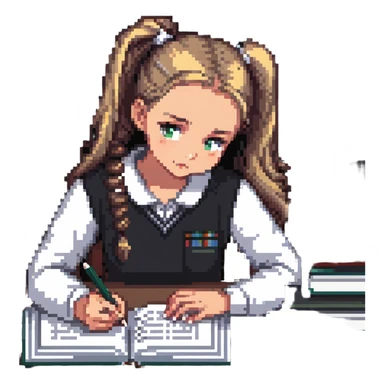 Girl with ponytail working on exam at desk with textbooks sticker