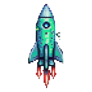 rocket ship with green to red gradient, pixel art style sticker