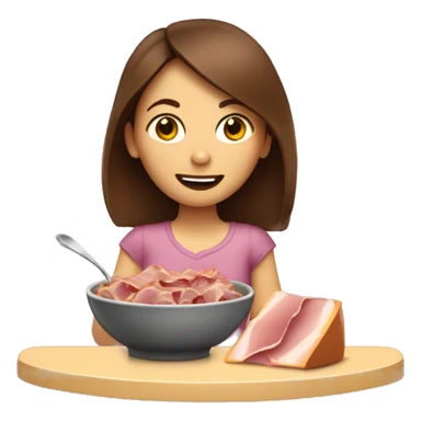 Girl with brown hair eating a Bowl with ham, cheese, and olives  sticker