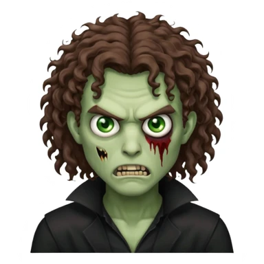 long curly haired male zombie with brown hair color and green eye color, with dark vampire clothes and angry face emotion sticker