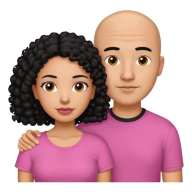 A picture if a couple. the man is a Mexican man with  black hair, a bald hair cut and black shirt on. the woman is mixed with black and white, with curly shoulder length hair and a pink shirt on sticker
