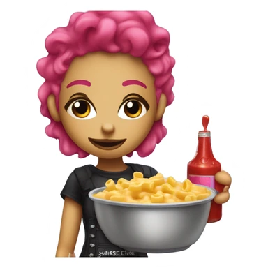 Punk girl with blue and pink hair puts ketchup on Mac n cheese sticker
