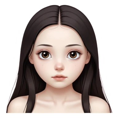 girl with white skin, dark brown long realistic straight hair with middle part prominently falling in front of her body over her shoulders, natural lips with absolutely no cupid's bow and no lip gloss or makeup, big round eyes with very black shiny eyeballs and natural eyelashes, no makeup whatsoever on face, no blush, no eyeshadow, completely bare face, lighter button nose, exceptionally elongated very long oval-shaped face, wearing a pink off-shoulder top, looking directly at camera with hands down at sides sticker