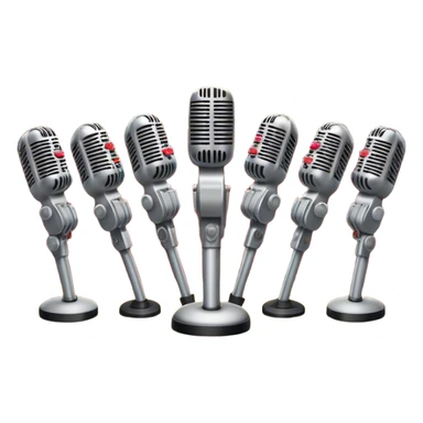 Create a vibrant and dynamic emoji that represents choral vocal performance. The design should feature 10 vintage stage microphones arranged in a semi-circle on a concert stage, symbolizing a vocal group or choir. Add musical notes flowing around the microphones to represent harmony and unity in the performance. Include concert lighting and a celebratory atmosphere to convey the excitement of live music. Use bright, bold colors like red, gold, and silver to emphasize the energy and glamour of the stage. The background should be transparent. sticker