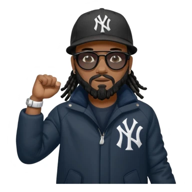 African American man with shoulder length black dreadlocks with black beard wearing black sunglasses wearing a New York Yankees logo baseball cap wearing a all dark black bubble winter coat flexing arm muscles sticker