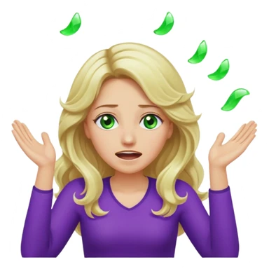 lady with long wavy blonde hair, purple top, green eyes, throwing her hands in the air crying sticker