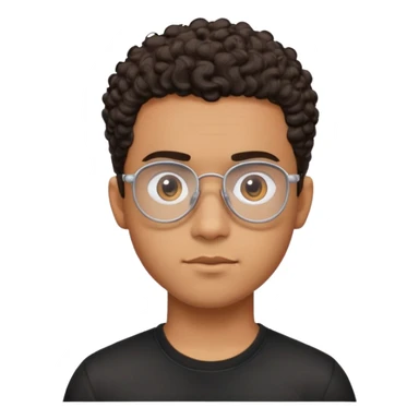 Young Latino man with small oval face, big forehead, aviator glasses, shaved sides with short curly hair on top, neutral-friendly expression, brown skin, black t-shirt sticker