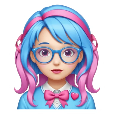 candy girl with very long blue-pink mixed candy hair with ribbon and no tattooes, with glassess sticker