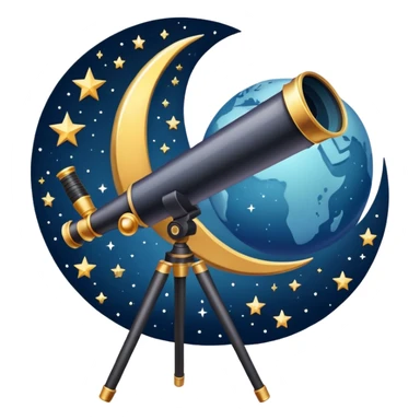 An icon featuring a telescope, stars, and a planet, symbolizing astronomy. The design includes a crescent moon, distant galaxies, and constellations, representing the study of space and celestial bodies. Transparent background highlights the exploration of the universe and cosmic phenomena. sticker