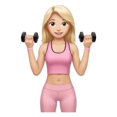 Create a young woman with long blonde hair, golden eyes, and medium-light skin tone, wearing a light pink tank top and leggings. She should be doing home worjout, with a smile sticker