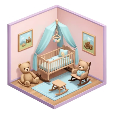 isometric baby room, Nursery with pastel walls and hanging mobile sticker
