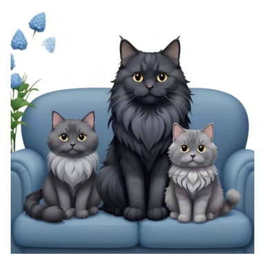 A large black smoke Maine Coon cat with long grey ear tufts and a fluffy grey ruff, sitting next to a chubby British Shorthair cat in blue color with plush fur, both sitting comfortably on a sofa. Beautiful room background with flowers and soft lighting. Transparent background. sticker