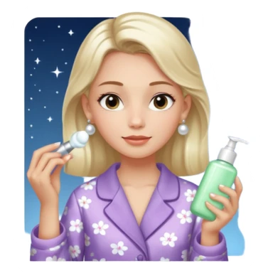 Clean girl aesthetic emoticons, apply skincare products, pearl earrings, glowing skin, pajamas, soft lighting sticker