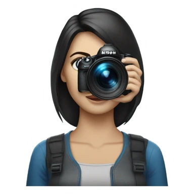Portrait of woman with blue eyes and dark hair holding a nikon camera sticker