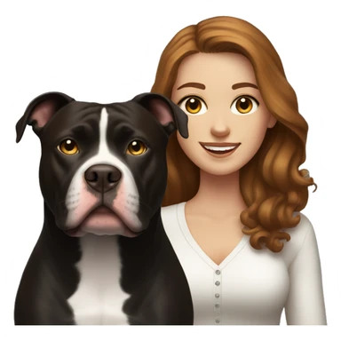 white woman with long brown hair and cat shaped eyes standing alongside a happy black pitbull  sticker