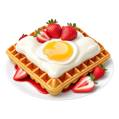 3D rendered Hong Kong egg waffle folded with strawberries and cream, vibrant red and white colors, hyper-realistic bubbled texture, glossy finish, detailed bubble surfaces, fun presentation, soft lighting sticker