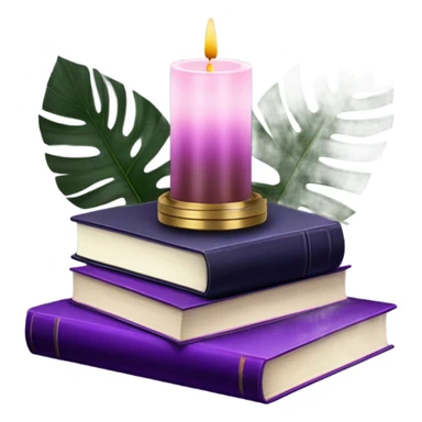 An elegant still life featuring a stack of light and dark violet books, a pink monstera plant, and a brass candle holder. sticker