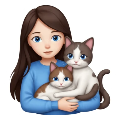 a girl with long dark 
brown hair, with blue eyes, in a
white sweater, hugs 3 different natural coloured cats sticker