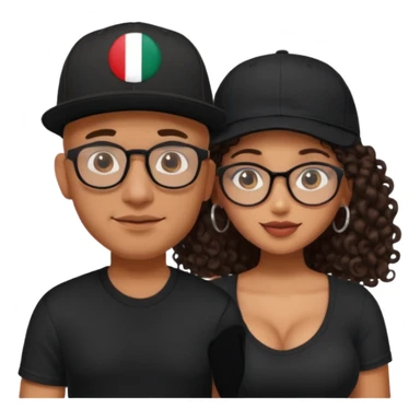 A picture of an embracing tanned couple. the man is a Mexican man with tanned skin, with a bald hair cut wearing a SnapBack hat and a black shirt. the woman is mixed, with long curly dark brown hair and with big boobs and eyeglasses  sticker