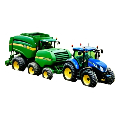 Baler – New Holland Roll-Belt 560 (2018) – Cinematic-realistic John Deere 6155M tractor towing a New Holland Roll-Belt 560 baler, its deep green body contrasting with the bright blue baler. The massive machine moves steadily through golden fields, compressing freshly cut hay into tight round bales, while dust swirls under the blazing afternoon sun. sticker